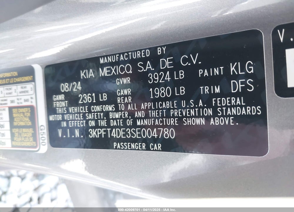 2025 KIA K4 VIN: 3KPFT4DE3SE004780