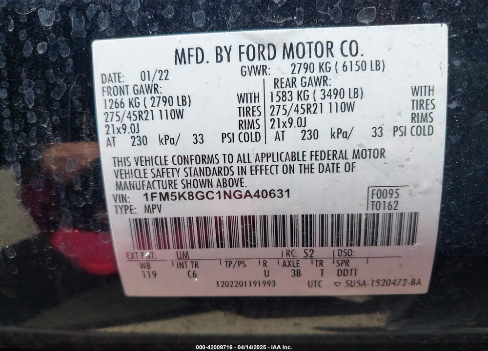 2022 FORD EXPLORER ST VIN: 1FM5K8GC1NGA40631