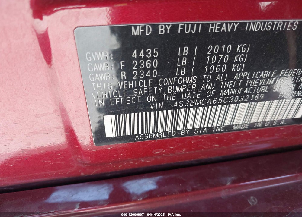 2012 SUBARU LEGACY 2.5I VIN: 4S3BMCA65C3032169