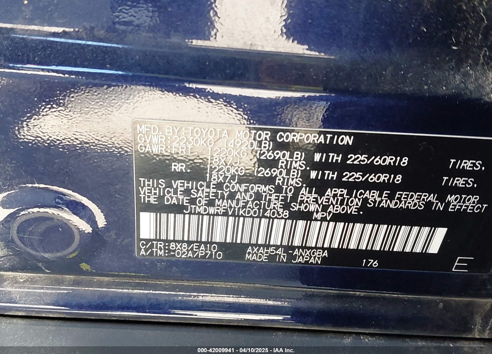 2019 TOYOTA RAV4 HYBRID VIN: JTMDWRFV1KD014038