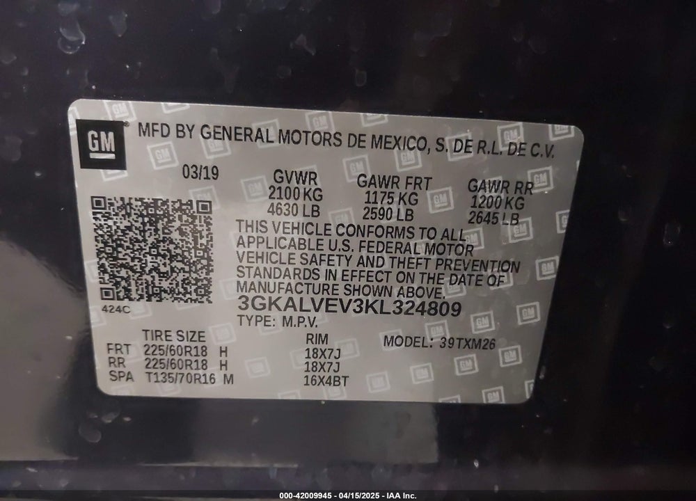 2019 GMC TERRAIN VIN: 3GKALVEV3KL324809