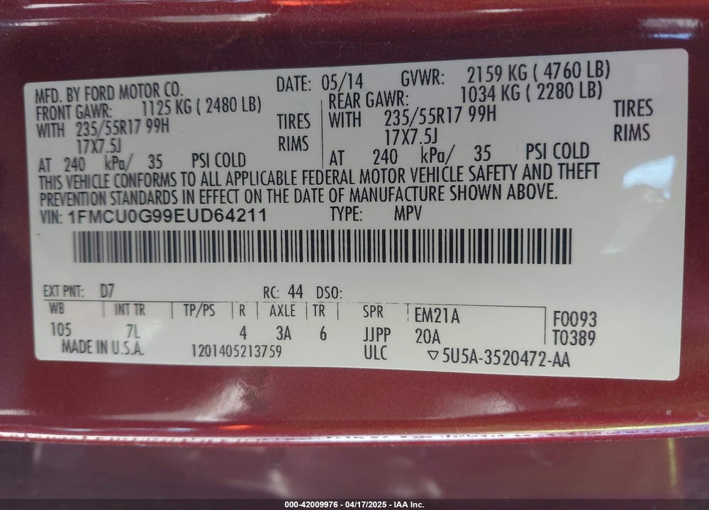 2014 FORD ESCAPE SE VIN: 1FMCU0G99EUD64211
