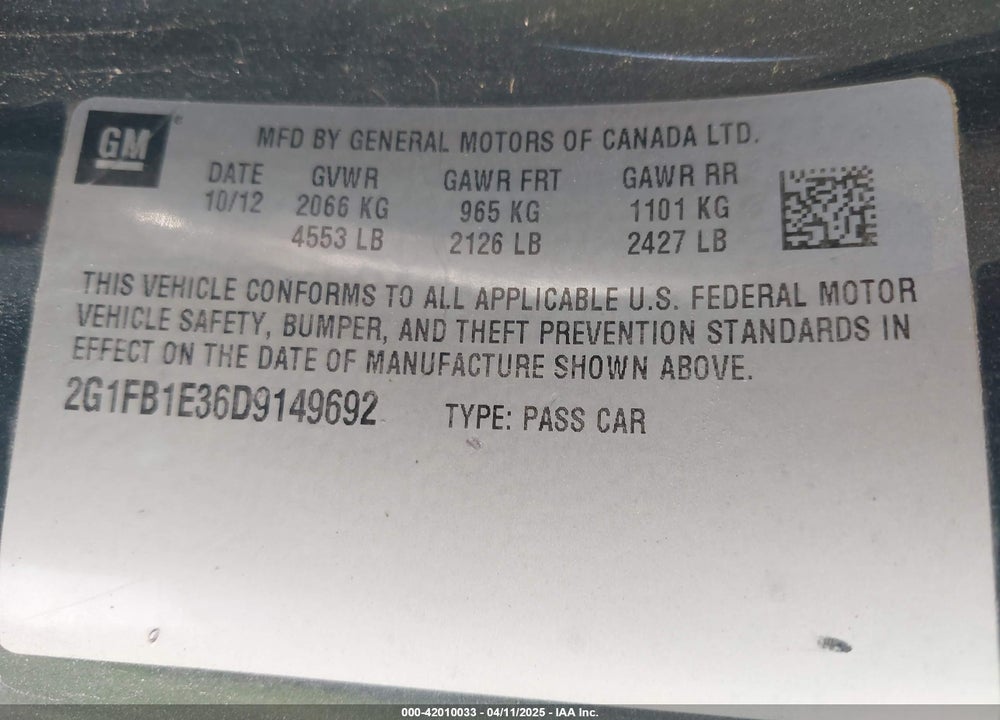 2013 CHEVROLET CAMARO VIN: 2G1FB1E36D9149692
