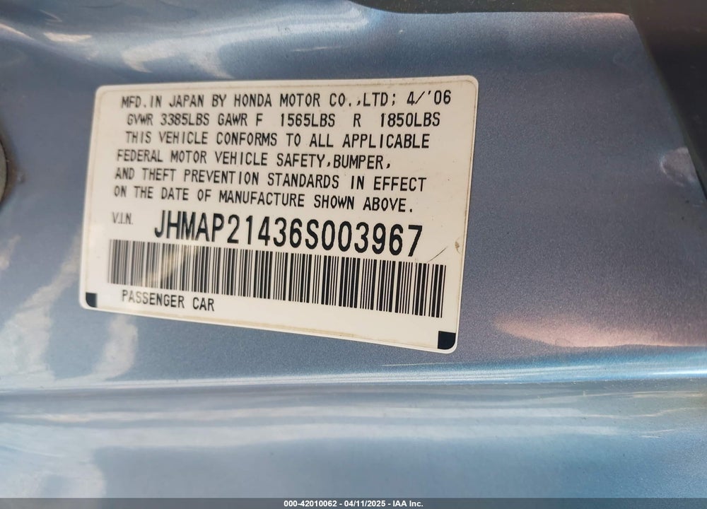 2006 HONDA S2000 VIN: JHMAP21436S003967