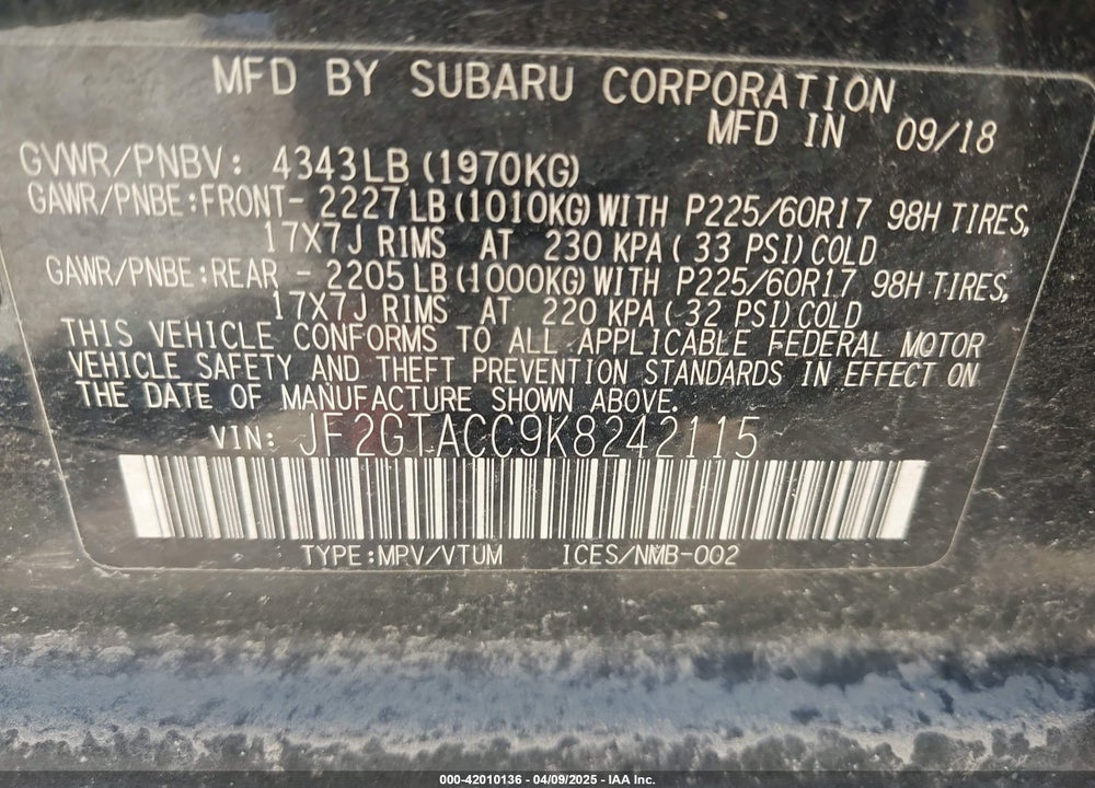 2019 SUBARU CROSSTREK VIN: JF2GTACC9K8242115