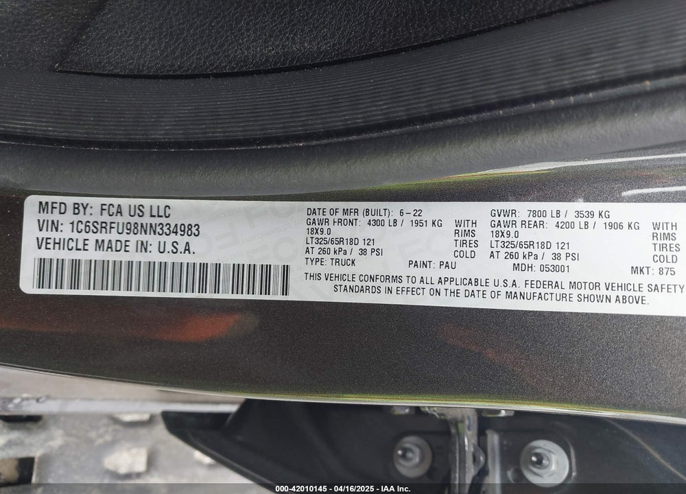 2022 RAM 1500 VIN: 1C6SRFU98NN334983