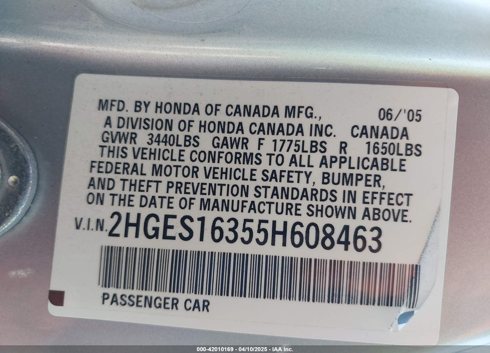 2005 HONDA CIVIC VP VIN: 2HGES16355H608463