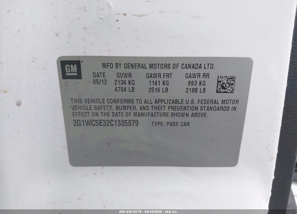 2012 CHEVROLET IMPALA VIN: 2G1WC5E32C1305079
