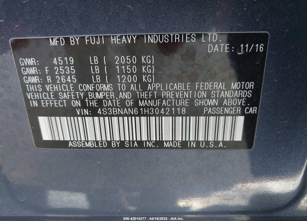 2017 SUBARU LEGACY 2.5I LIMITED VIN: 4S3BNAN61H3042118