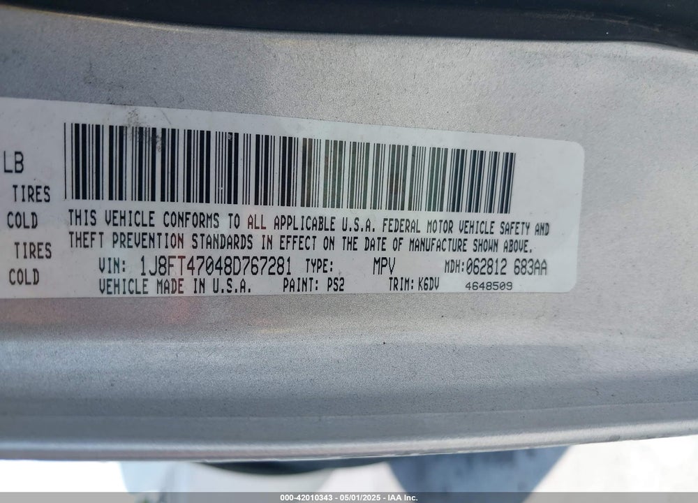 2008 JEEP COMPASS VIN: 1J8FT47048D767281