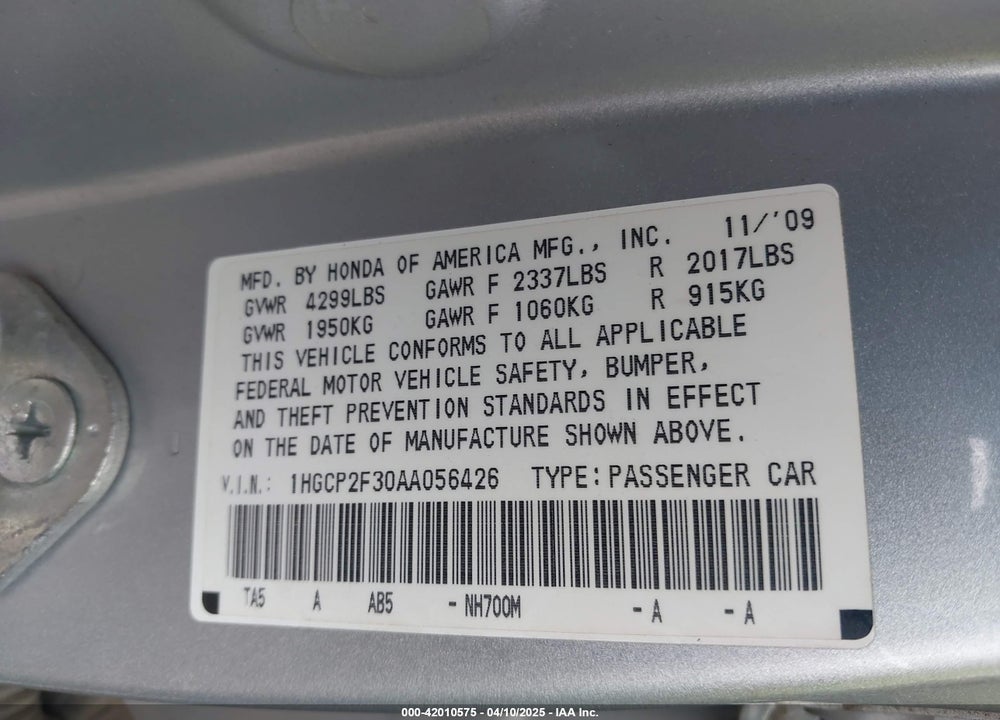 2010 HONDA ACCORD VIN: 1HGCP2F30AA056426