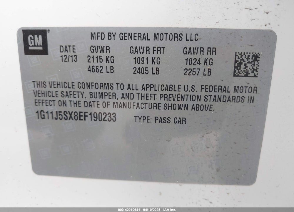 2014 CHEVROLET MALIBU 2LZ VIN: 1G11J5SX8EF190233