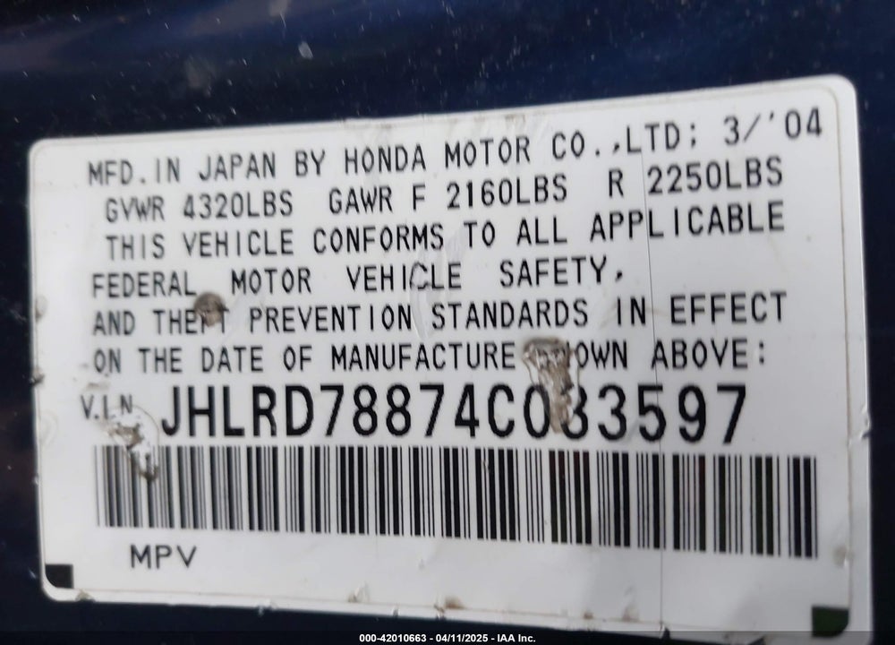 2004 HONDA CR-V EX VIN: JHLRD78874C033597