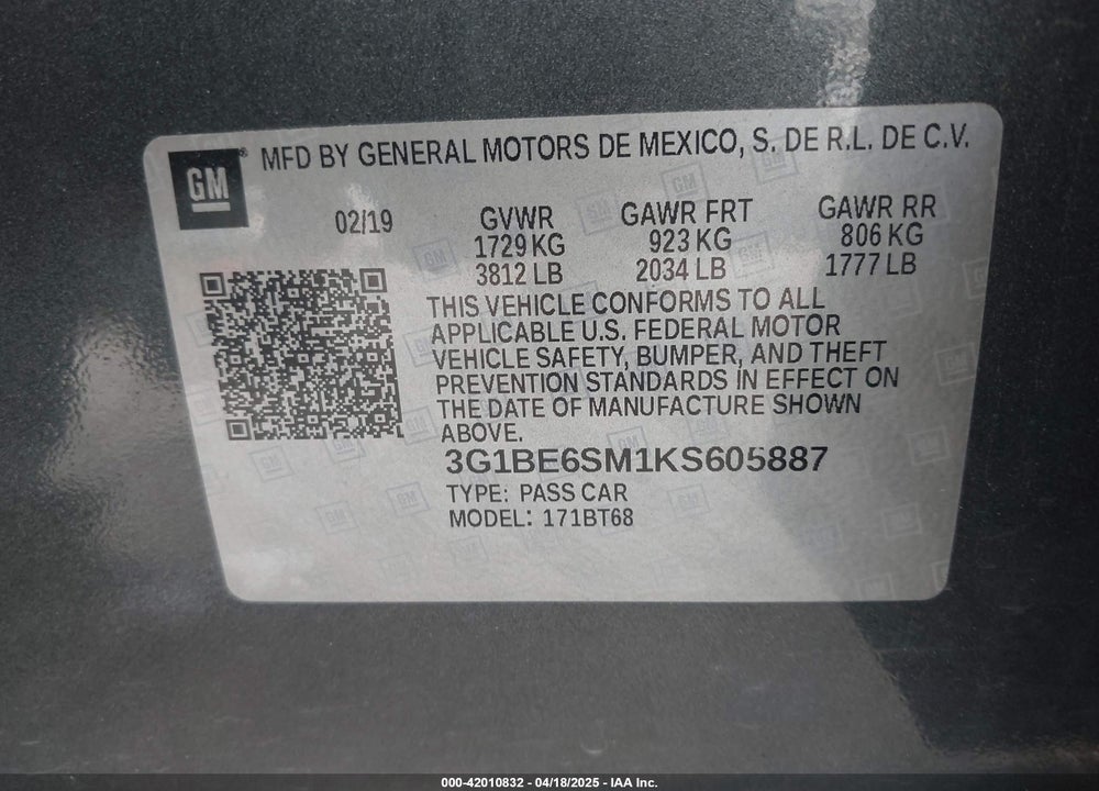 2019 CHEVROLET CRUZE LT VIN: 3G1BE6SM1KS605887