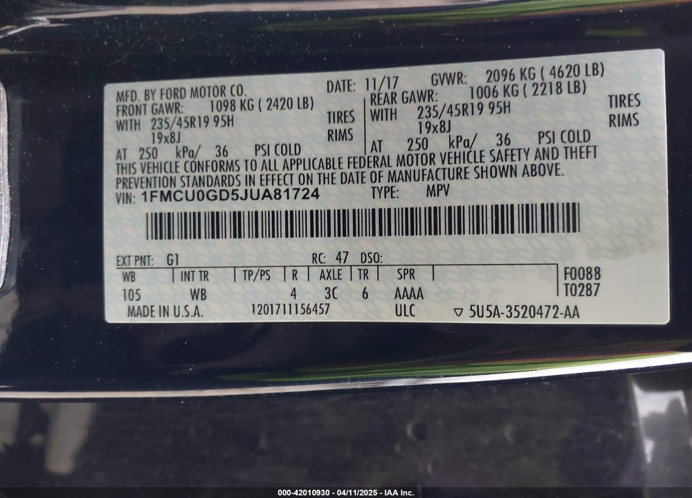 2018 FORD ESCAPE SE VIN: 1FMCU0GD5JUA81724