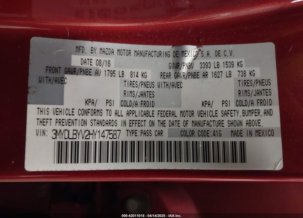 2017 TOYOTA YARIS IA VIN: 3MYDLBYV2HY147587