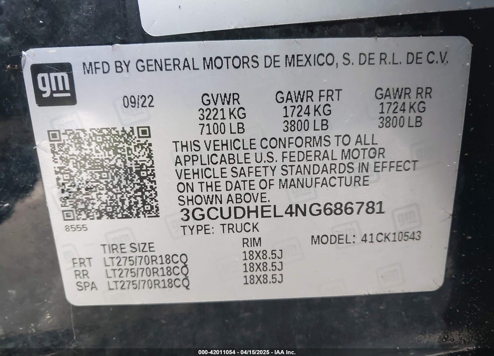 2022 CHEVROLET SILVERADO 1500 VIN: 3GCUDHEL4NG686781