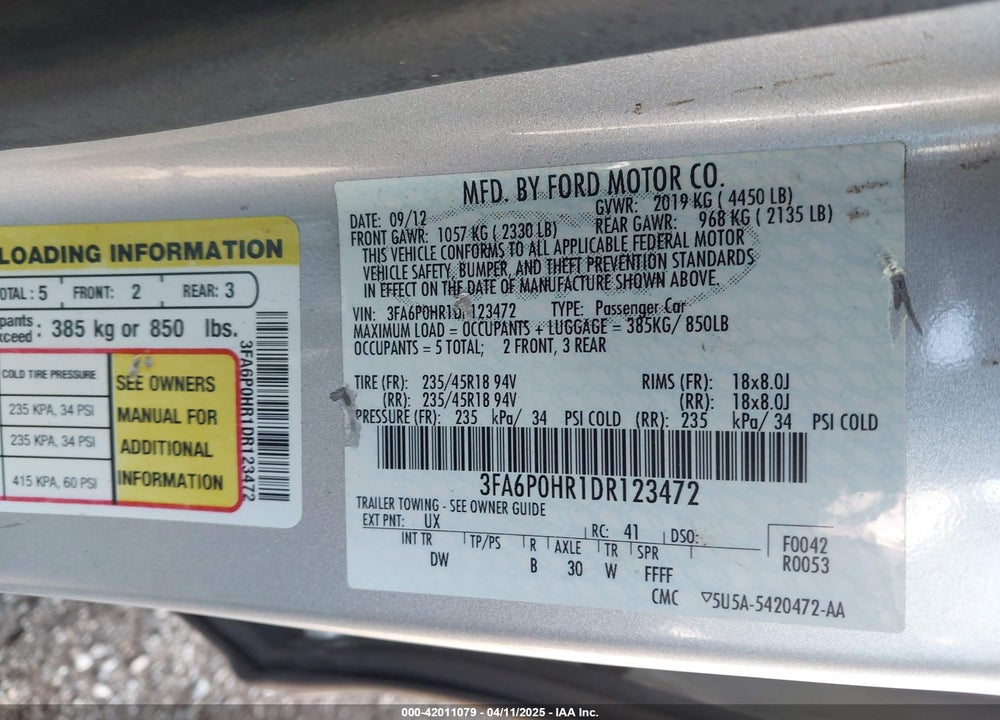 2013 FORD FUSION VIN: 3FA6P0HR1DR123472
