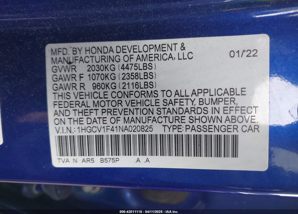 2022 HONDA ACCORD VIN: 1HGCV1F41NA020825