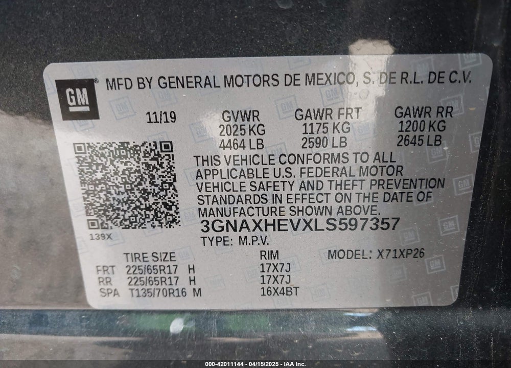 2020 CHEVROLET EQUINOX VIN: 3GNAXHEVXLS597357