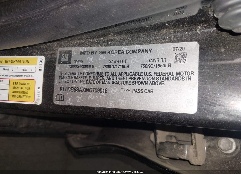 2021 CHEVROLET SPARK FWD LS AUTOMATIC VIN: KL8CB6SAXMC709516