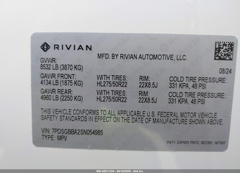 2025 RIVIAN R1S ADVENTURE DUAL MOTOR LARGE PACK/ADVENTURE DUAL MOTOR MAX PACK VIN: 7PDSGBBA2SN054985