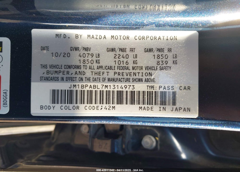 2021 MAZDA MAZDA3 VIN: JM1BPABL7M1314973