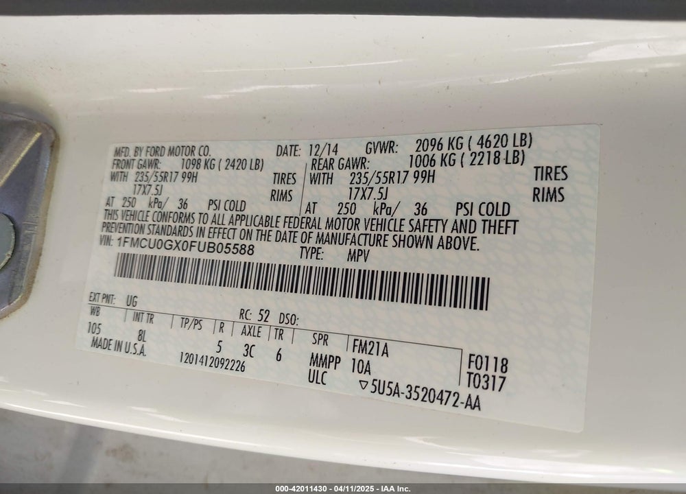 2015 FORD ESCAPE VIN: 1FMCU0GX0FUB05588