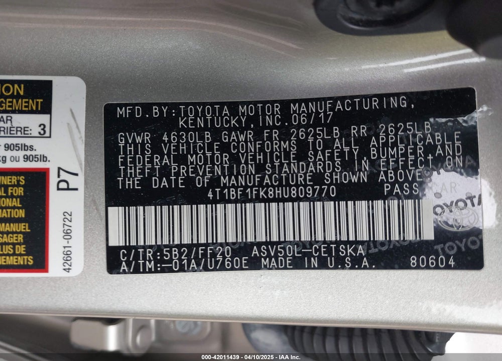 2017 TOYOTA CAMRY VIN: 4T1BF1FK8HU809770