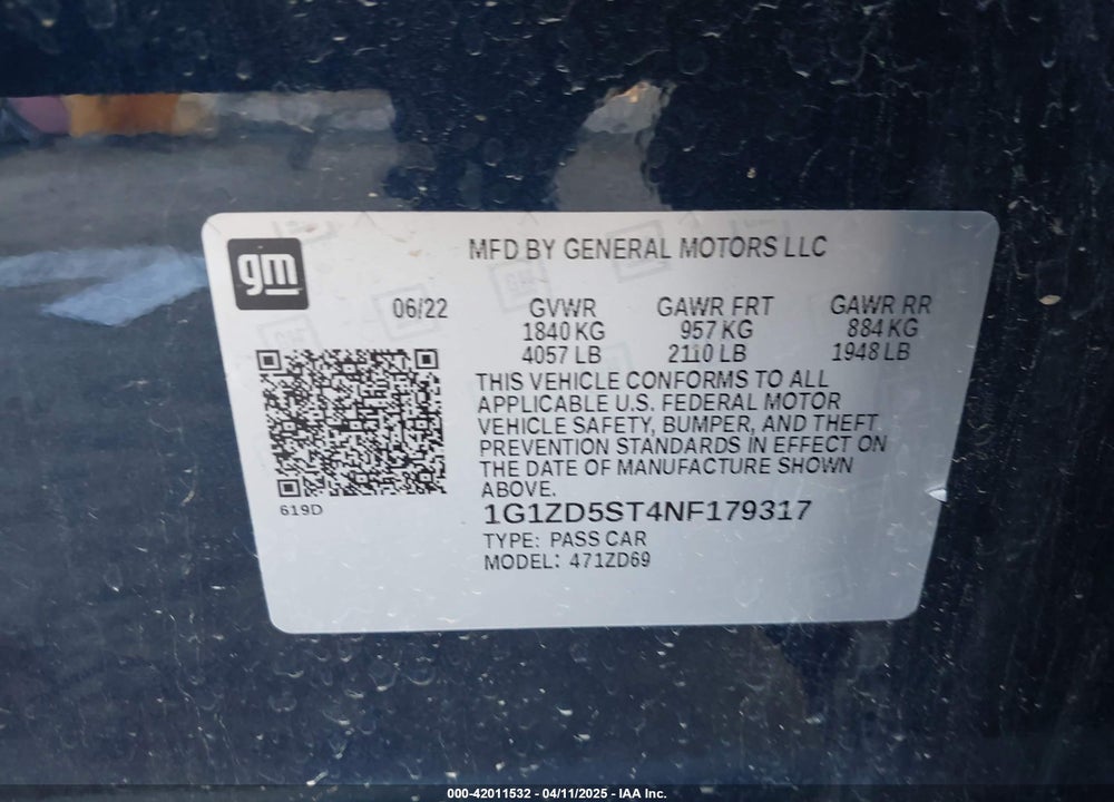 2022 CHEVROLET MALIBU VIN: 1G1ZD5ST4NF179317