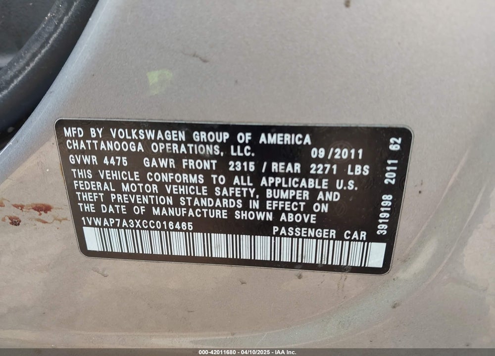 2012 VOLKSWAGEN PASSAT VIN: 1VWAP7A3XCC016465