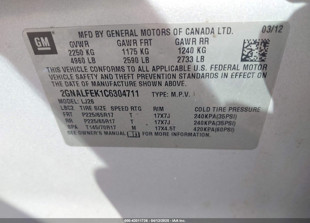 2012 CHEVROLET EQUINOX LTZ VIN: 2GNALFEK1C6304711