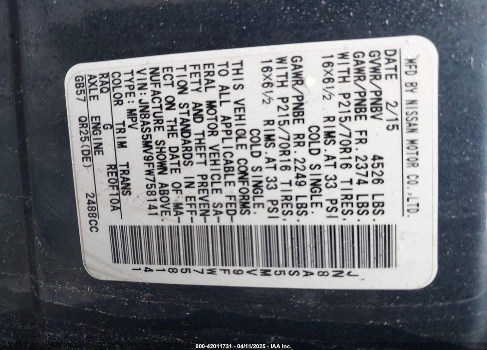2015 NISSAN ROGUE SELECT VIN: JN8AS5MV9FW758141