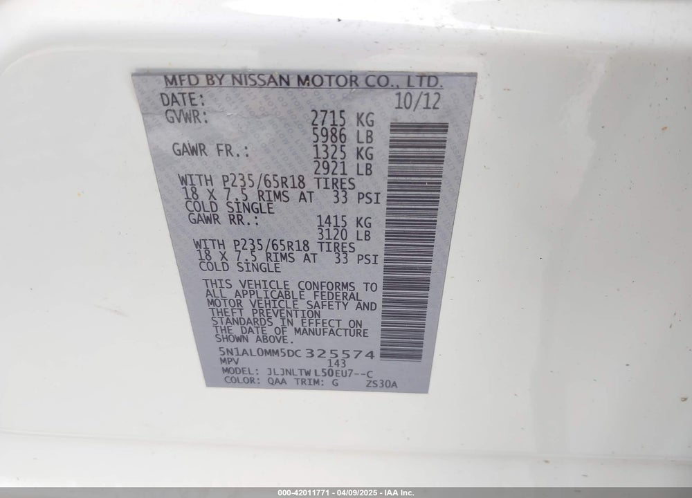 2013 INFINITI JX35 VIN: 5N1AL0MM5DC325574