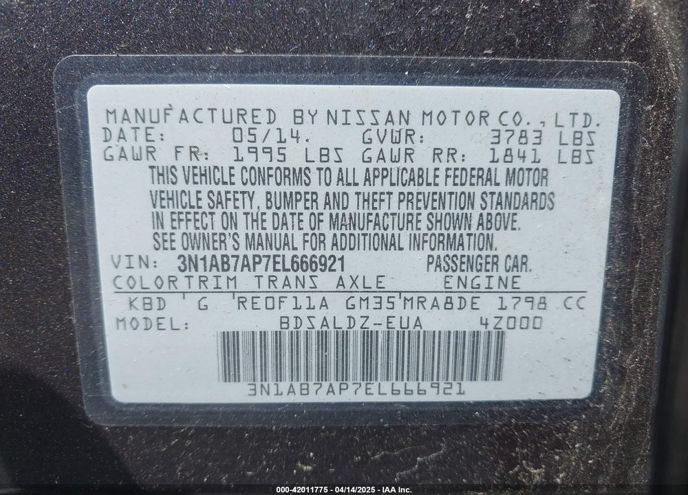 2014 NISSAN SENTRA FE+ S/FE+ SV/S/SL/SR/SV VIN: 3N1AB7AP7EL666921