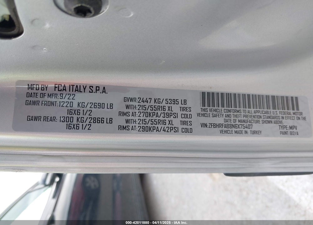 2022 RAM PROMASTER CITY CARGO VAN VIN: ZFBHRFAB8N6X75407