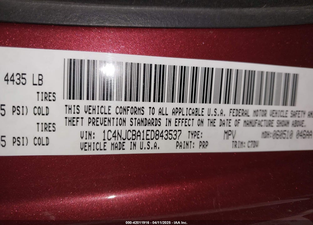 2014 JEEP COMPASS SPORT VIN: 1C4NJCBA1ED843537