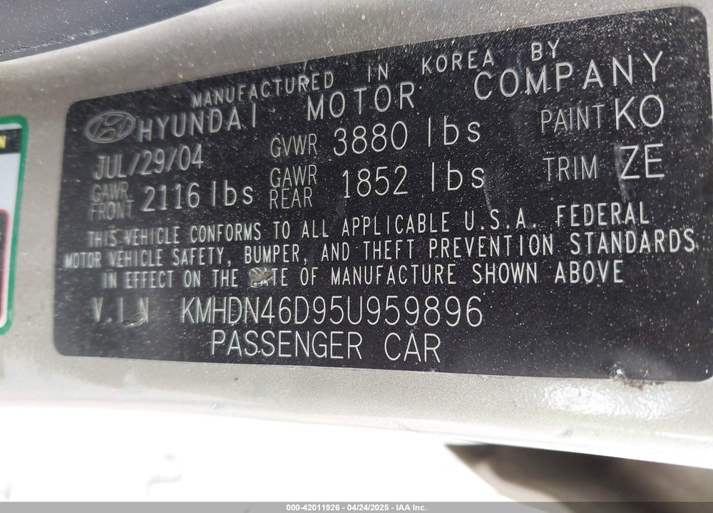 2005 HYUNDAI ELANTRA GLS/GT VIN: KMHDN46D95U959896