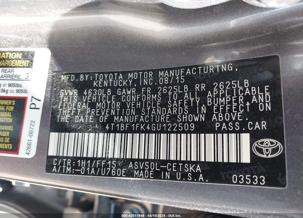 2016 TOYOTA CAMRY VIN: 4T1BF1FK4GU122509