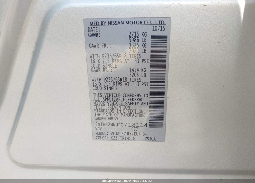 2015 NISSAN PATHFINDER VIN: 5N1AR2MN0FC718114