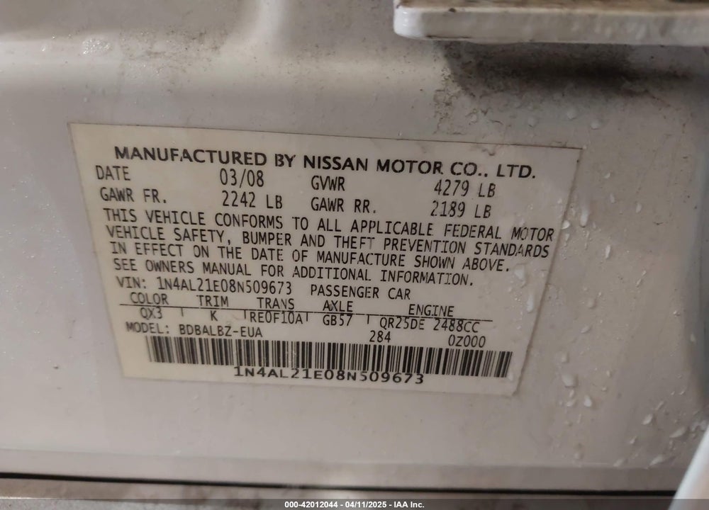 2008 NISSAN ALTIMA VIN: 1N4AL21E08N509673