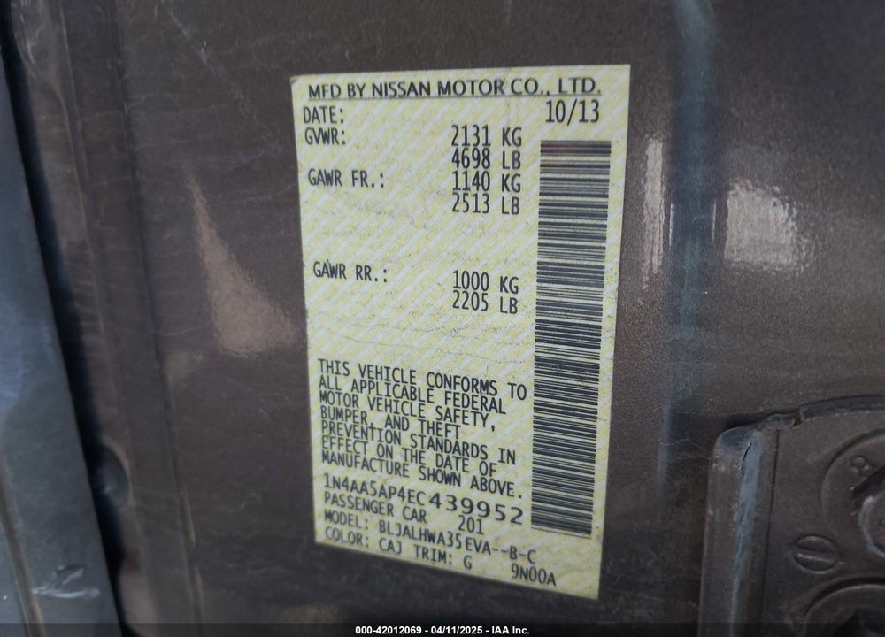 2014 NISSAN MAXIMA VIN: 1N4AA5AP4EC439952