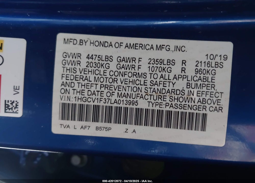 2020 HONDA ACCORD SPORT VIN: 1HGCV1F37LA013995
