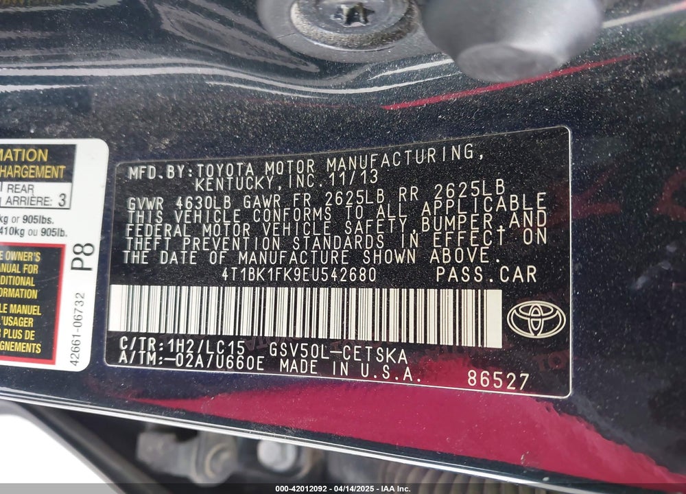 2014 TOYOTA CAMRY VIN: 4T1BK1FK9EU542680