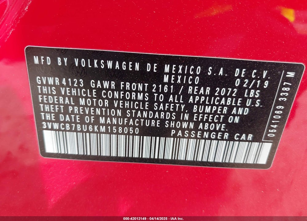 2019 VOLKSWAGEN JETTA VIN: 3VWCB7BU6KM158050