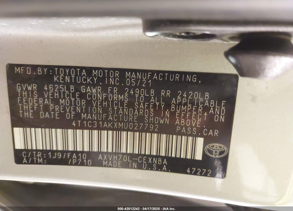 2021 TOYOTA CAMRY LE HYBRID VIN: 4T1C31AKXMU027792
