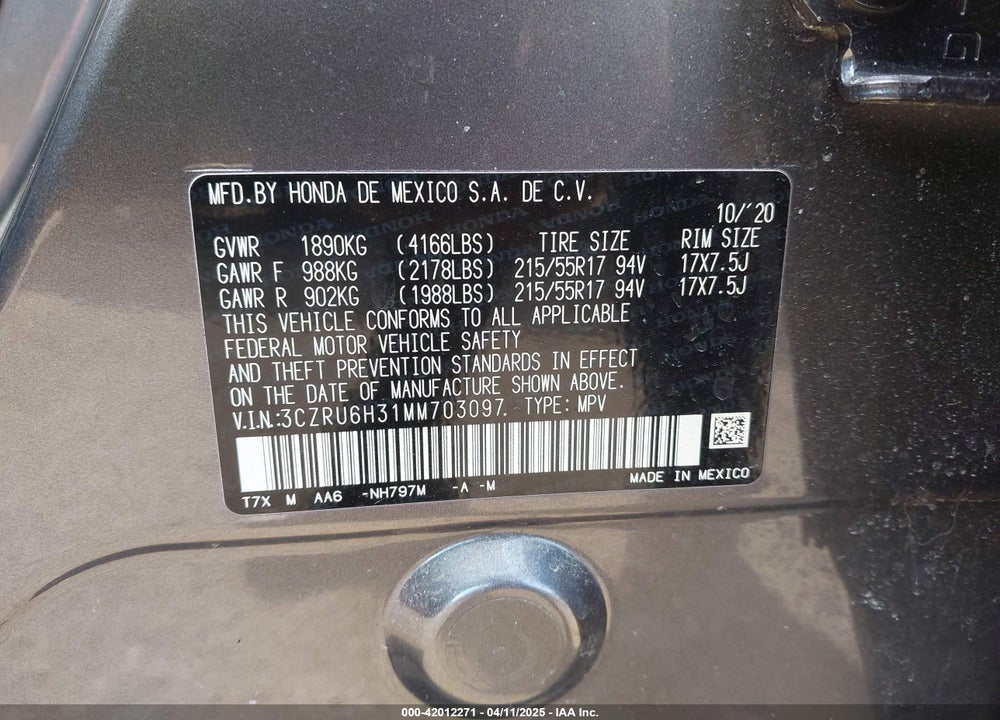 2021 HONDA HR-V AWD LX VIN: 3CZRU6H31MM703097