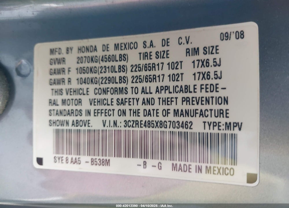 2008 HONDA CR-V EX VIN: 3CZRE485X8G703462