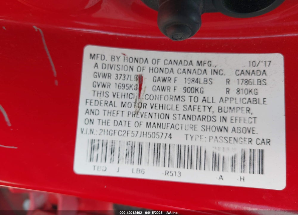 2018 HONDA CIVIC LX VIN: 2HGFC2F57JH505774