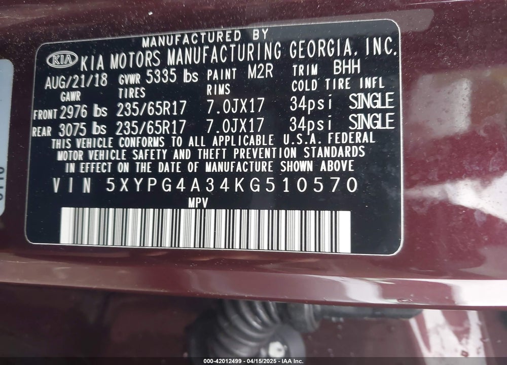 2019 KIA SORENTO VIN: 5XYPG4A34KG510570